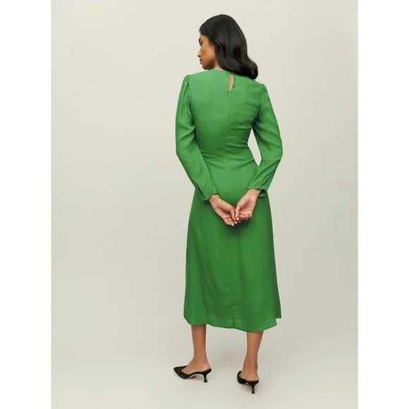 💚 Reformation, Kelly Green Freda Ruched Midi Dress - Picture 3 of 16